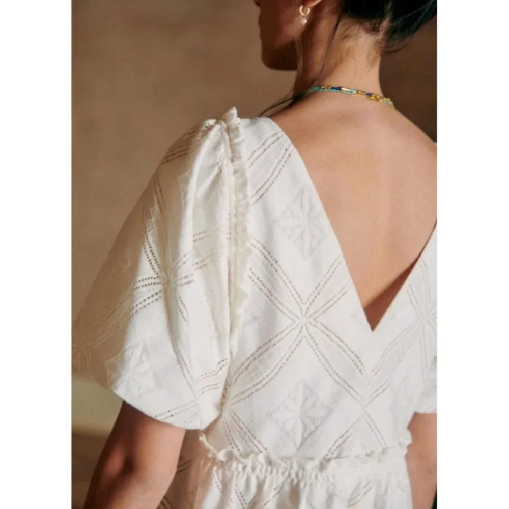 Sézane Livy Dress Parisian Ecru Off White Mix Woven Lace Short Puff Sleeve Mini - Picture 4 of 15